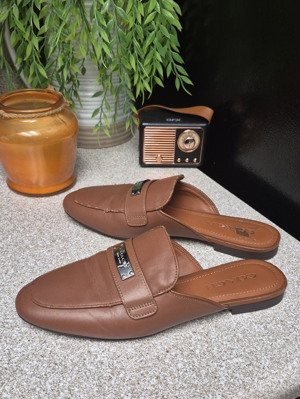 Coach Tan Leather Slide Sandals with Silver Hardware